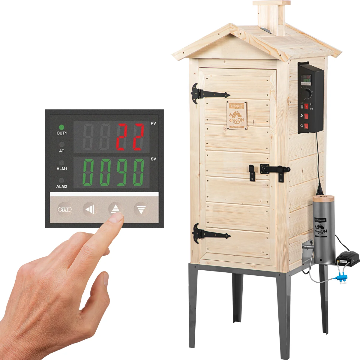 Trädgårdsrökskåp i trä 200 L – dragON Wood 100E med elektrisk värmemodul och styrenhet