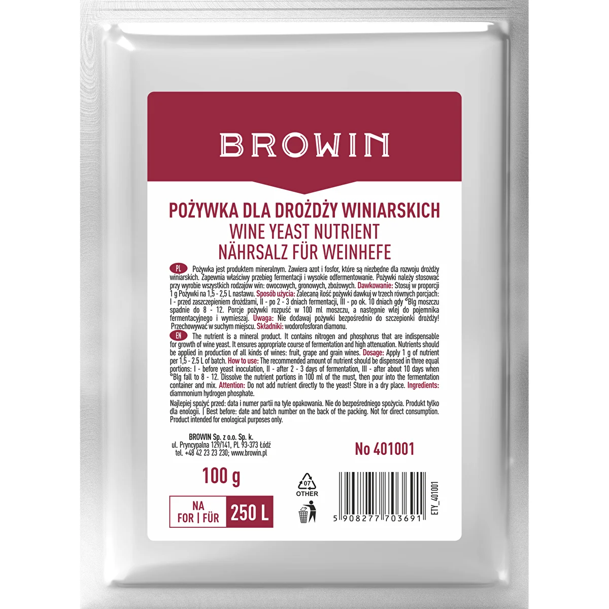 Näring för vinjäst, 100 g