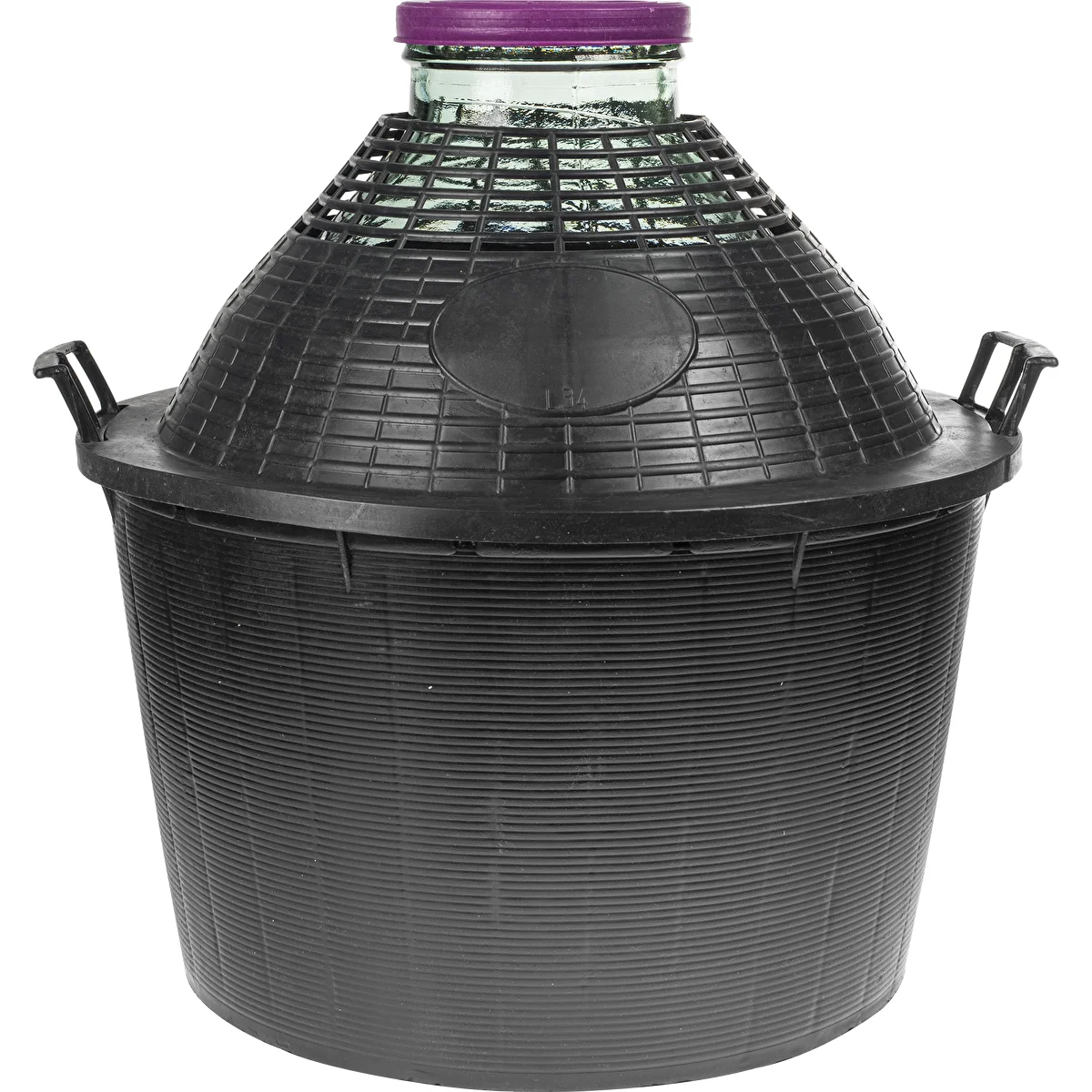 Vinkaraff 34 L med bred hals i plastkorg