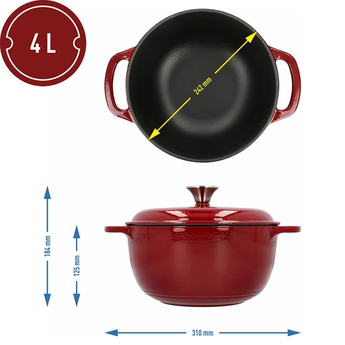 Emaljerad gjutjärnsgryta - vinröd, 4 L - 4