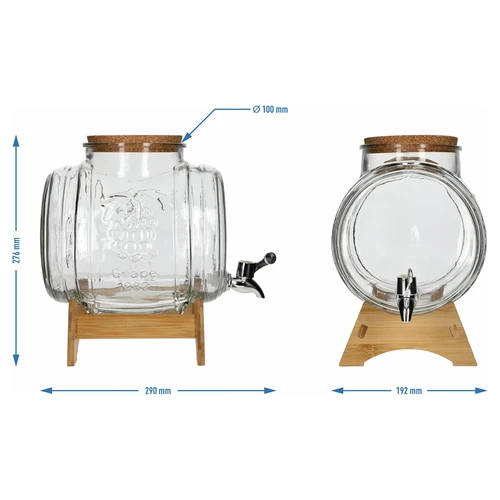 Glastunna 5 L, med bred påfyllning, kork, ställning och kran - 7