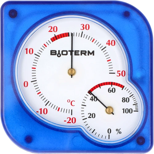 Inomhustermometer bimetall med hygrometer (-20 till +50°C), blå