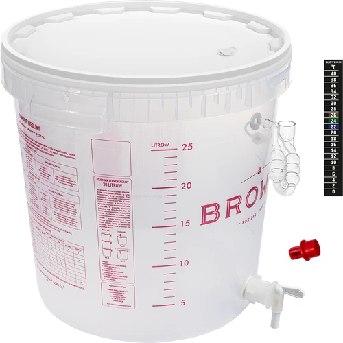 Jäsbehållare för öl med jäsrör, kran, termometer och bottensatsreducerare