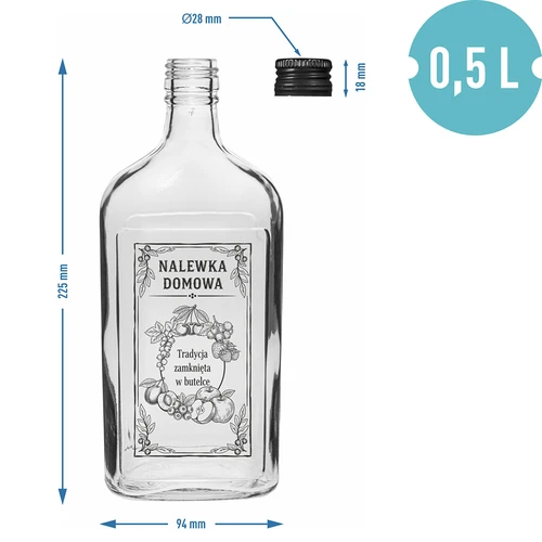 Platt glasflaska 500 ml med skruvkork, tryck ”Nalewka domowa”, 1 st. - 4