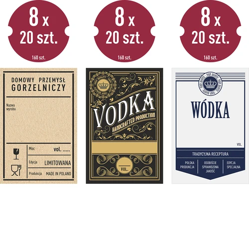 Självhäftande etiketter 60x90 mm för flaskor, vodka, 3 mönster 20 st. - 2